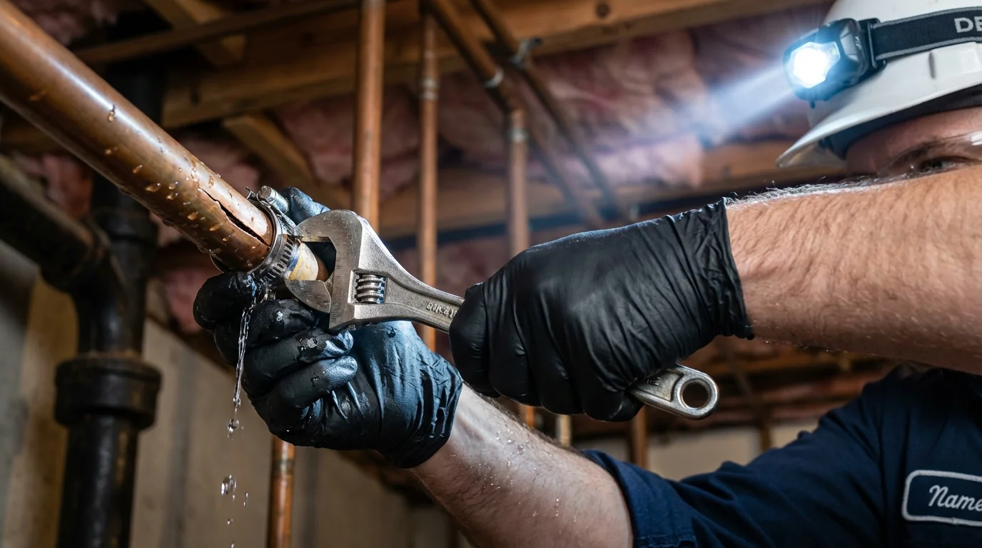 Emergency pipe clamp repair being performed by a Johns Plumbing LLC plumber in Seymour