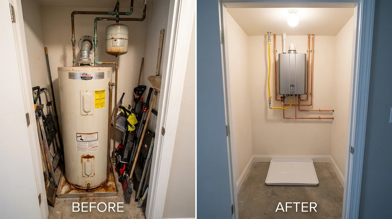 Tank water heater versus wall-mounted tankless unit comparison for Seymour, TX homeowners