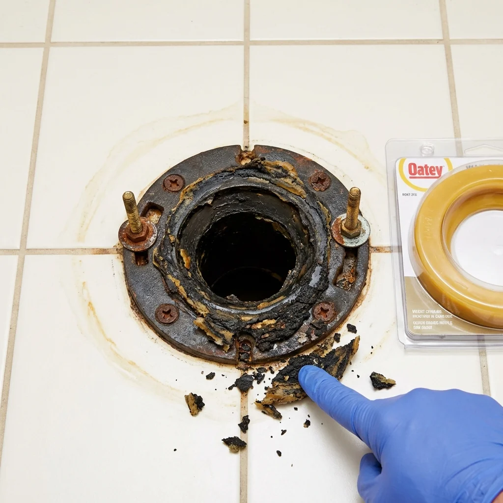 Failed wax ring showing water seepage at the base of a toilet in a Seymour, TX home