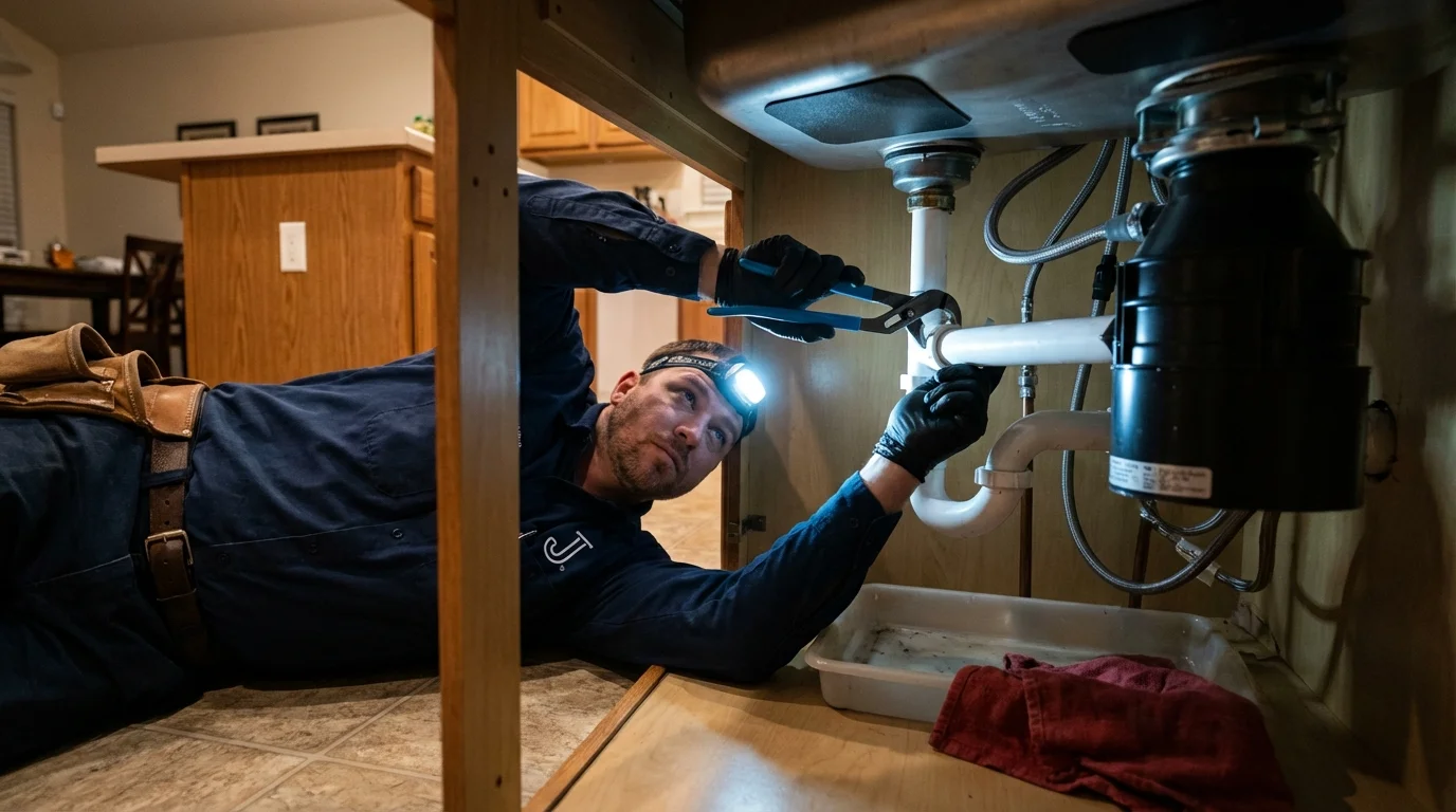 P-trap and supply line connections under a kitchen sink showing a common leak point in Seymour, TX